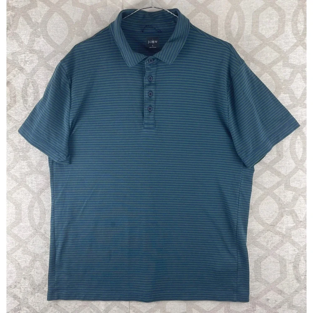 J.Crew‎ Oarsman Polo Mens Large Teal Green Striped Coolmax Short Sleeve Shirt